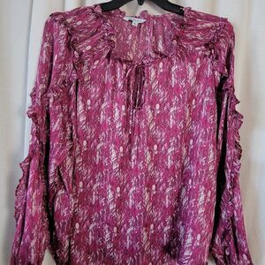 Ophelia Roe Blouse Feminine ruffled Large retro Tie Semi Sheer geometric Y2K